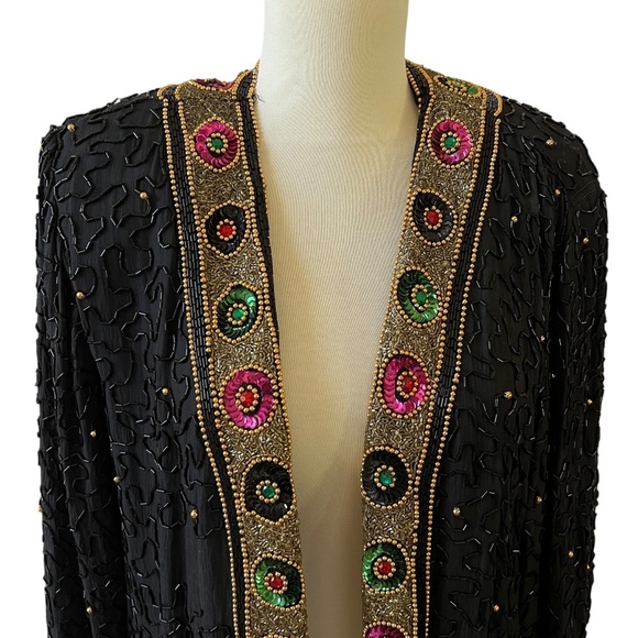 TAN CHHO EVENING JACKET XL BEADED OPEN FRONT ELEGANT VINTAGE SILK COCKTAIL - Picture 3 of 13